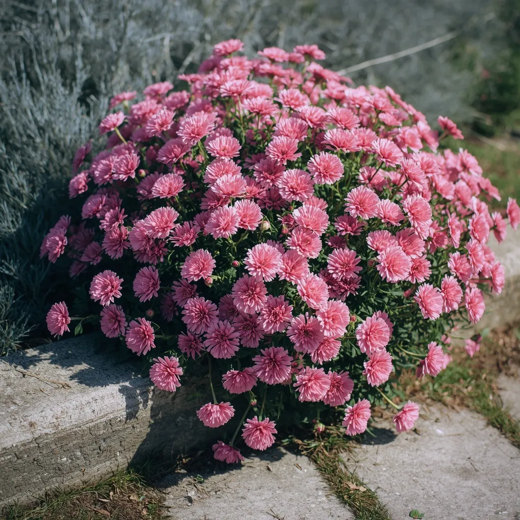 Pink dianthus flowers cushioning over a stone garden path edge