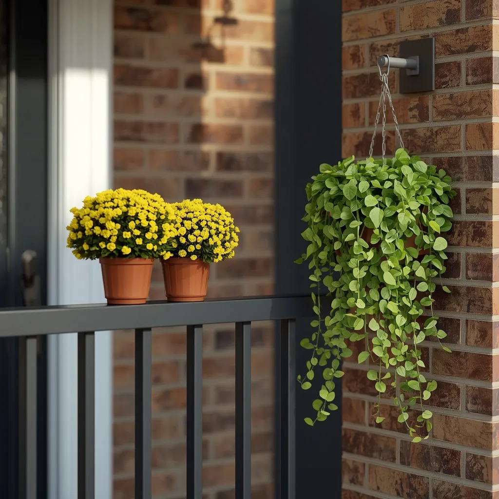 Railing planters on a small fall porch