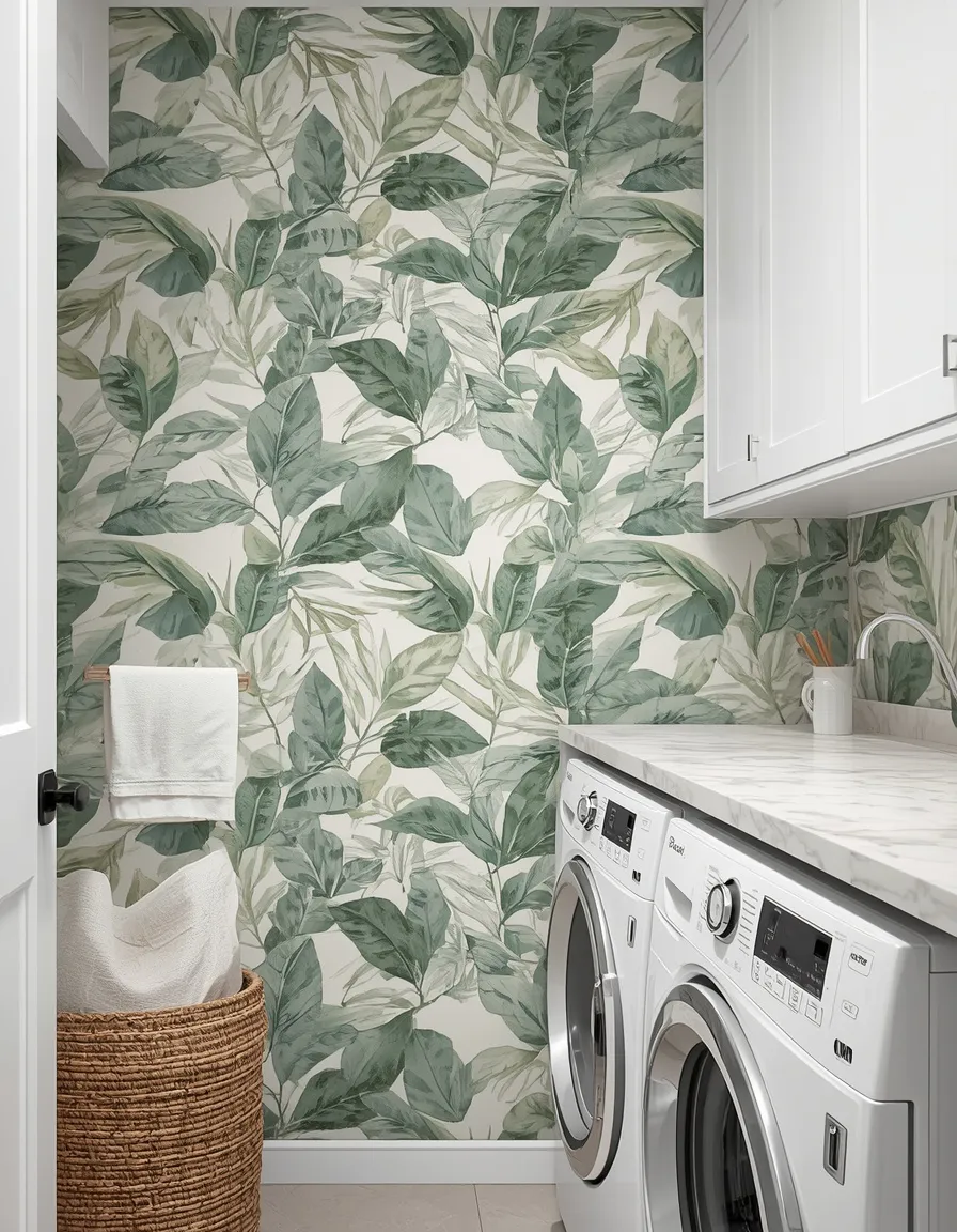 Sage green wallpaper laundry room