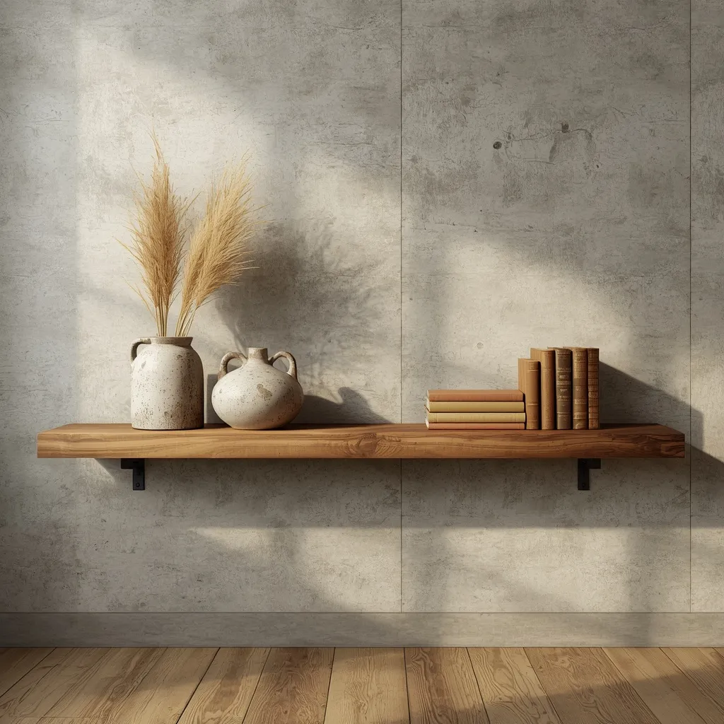 Thick reclaimed wood floating shelf with stoneware and dried grasses