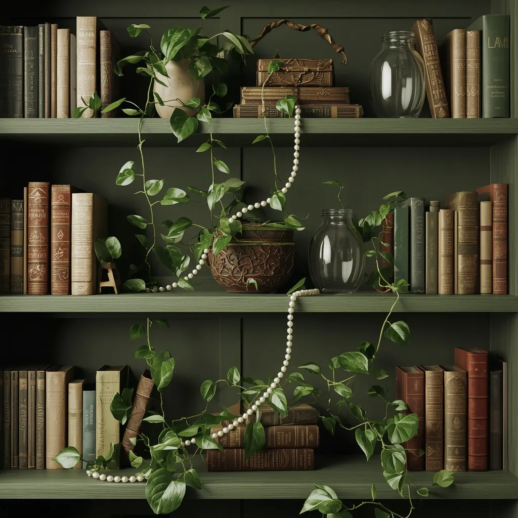 Trailing plants styled on a bookshelf