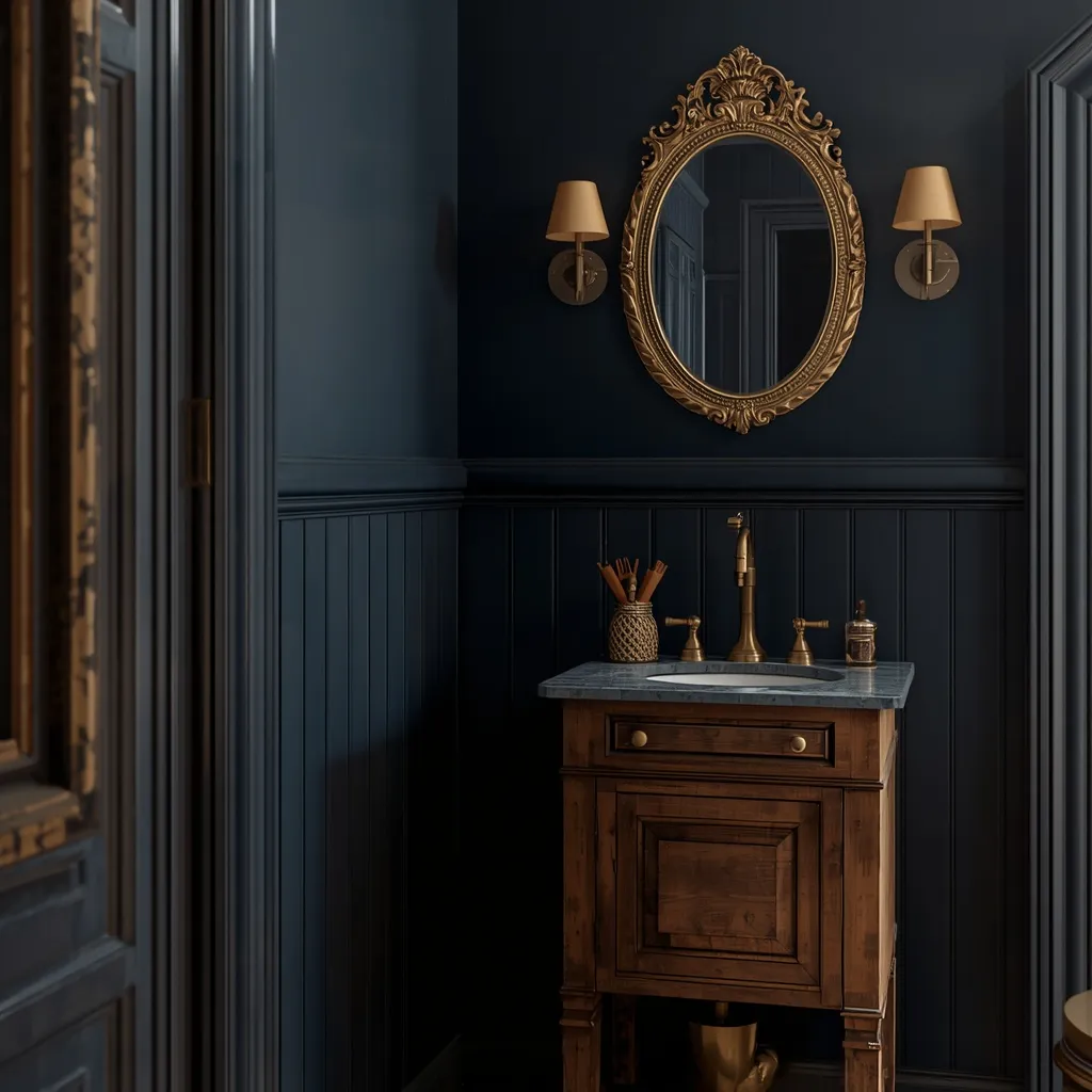 Vintage navy powder room brass