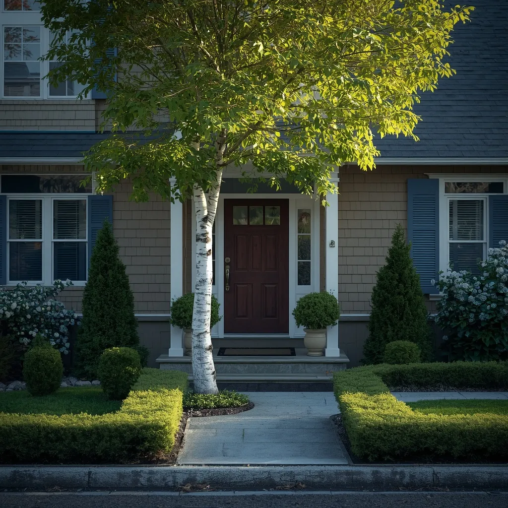White birch tree framing a front-garden path and home entrance