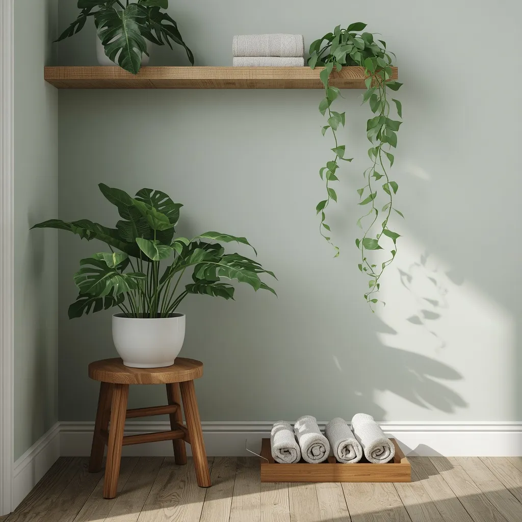 Wood and plants spa bathroom corner
