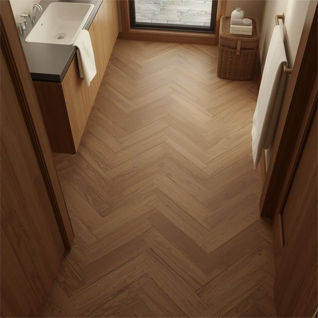 Wood look tile powder room floor