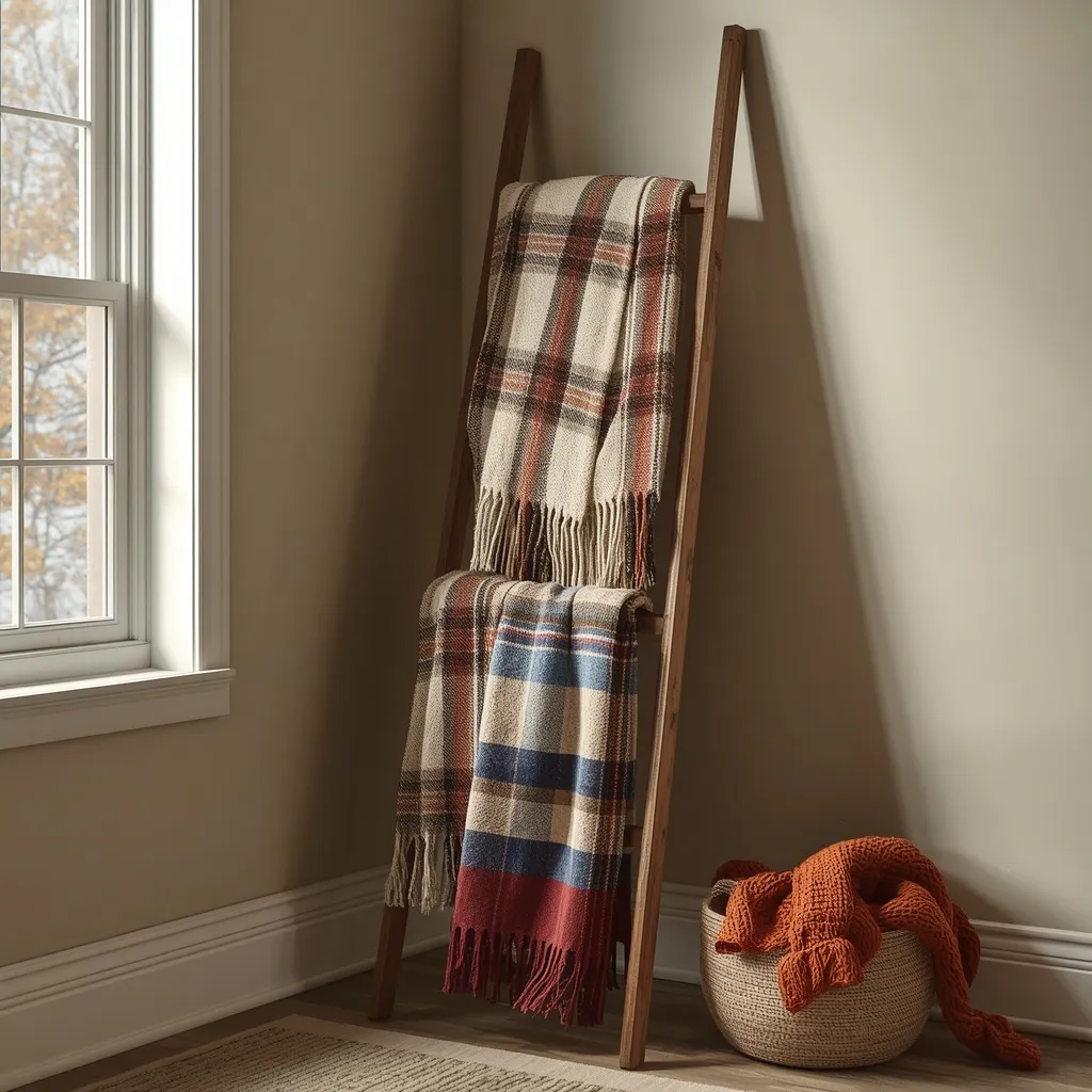 Wooden blanket ladder with fall throws