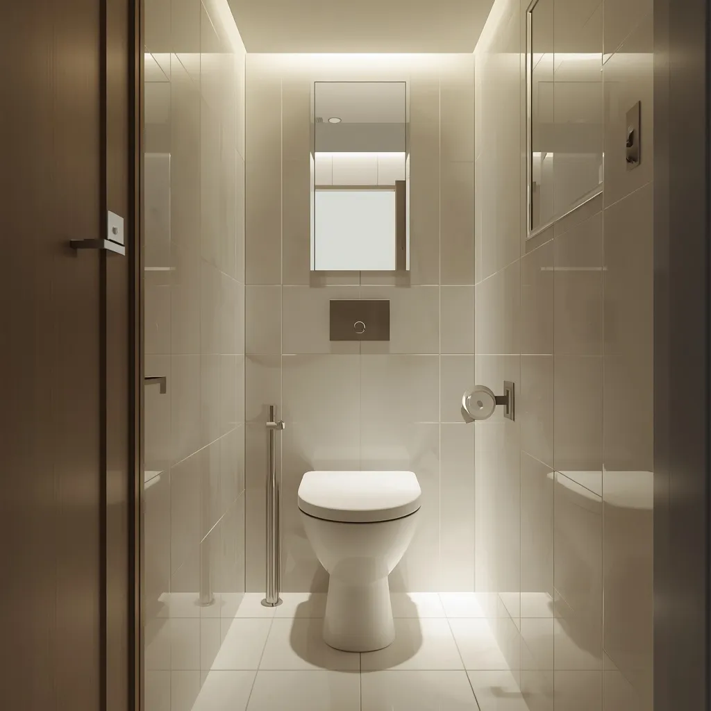 A compact under-stair powder room with a toilet, basin and mirror