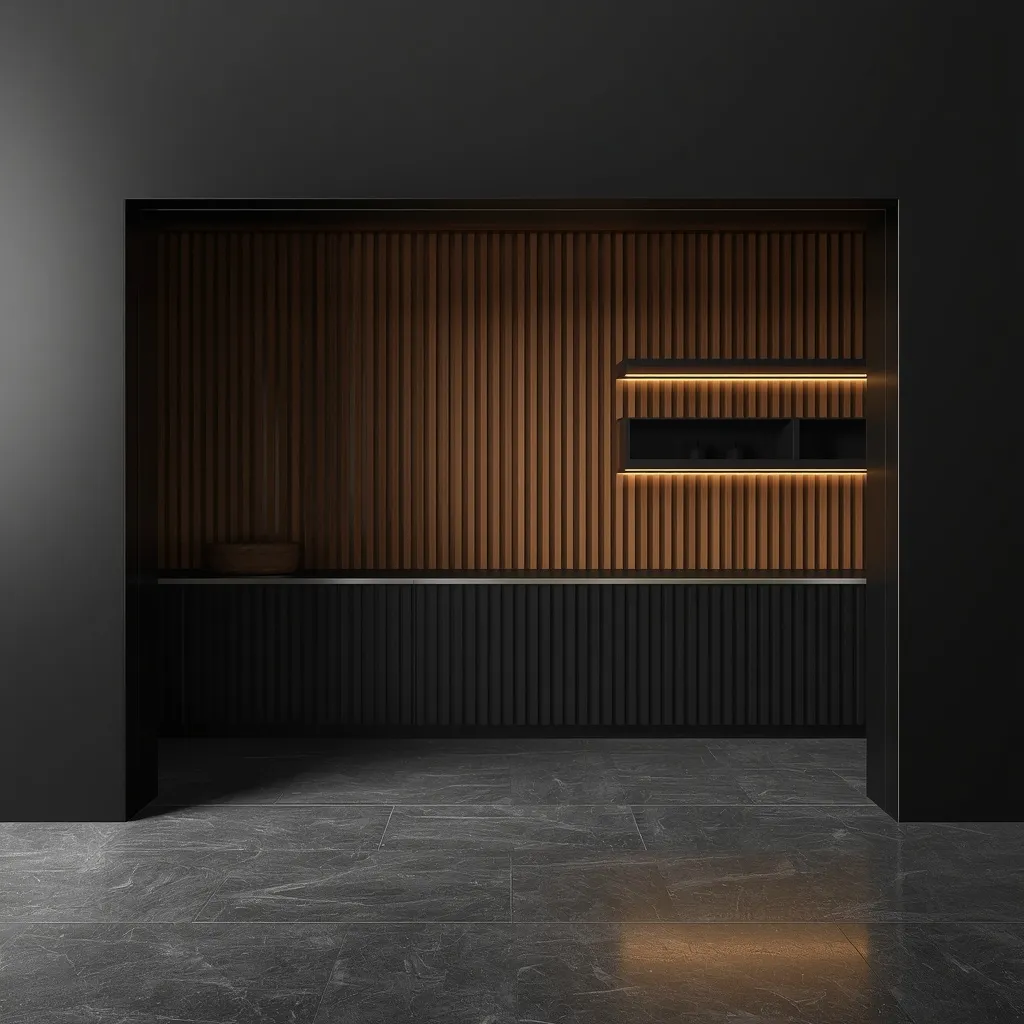 A rustic garage with moody black walls framing warm wood and brass accents