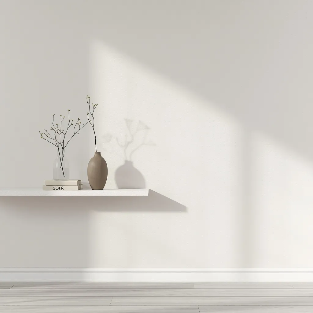 A single minimalist floating shelf styled with a vase and a few books