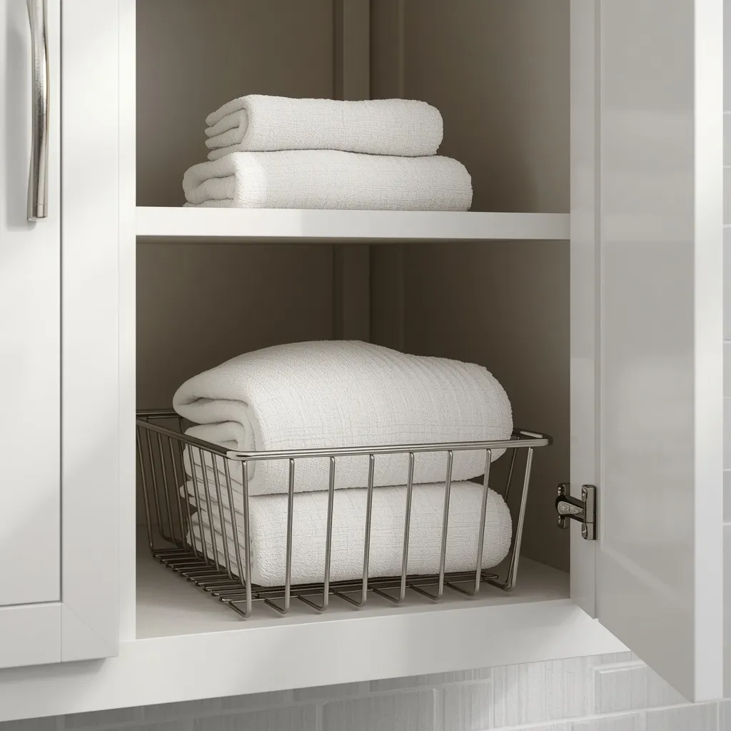 An under-shelf hanging basket adding storage beneath a fixed bathroom shelf