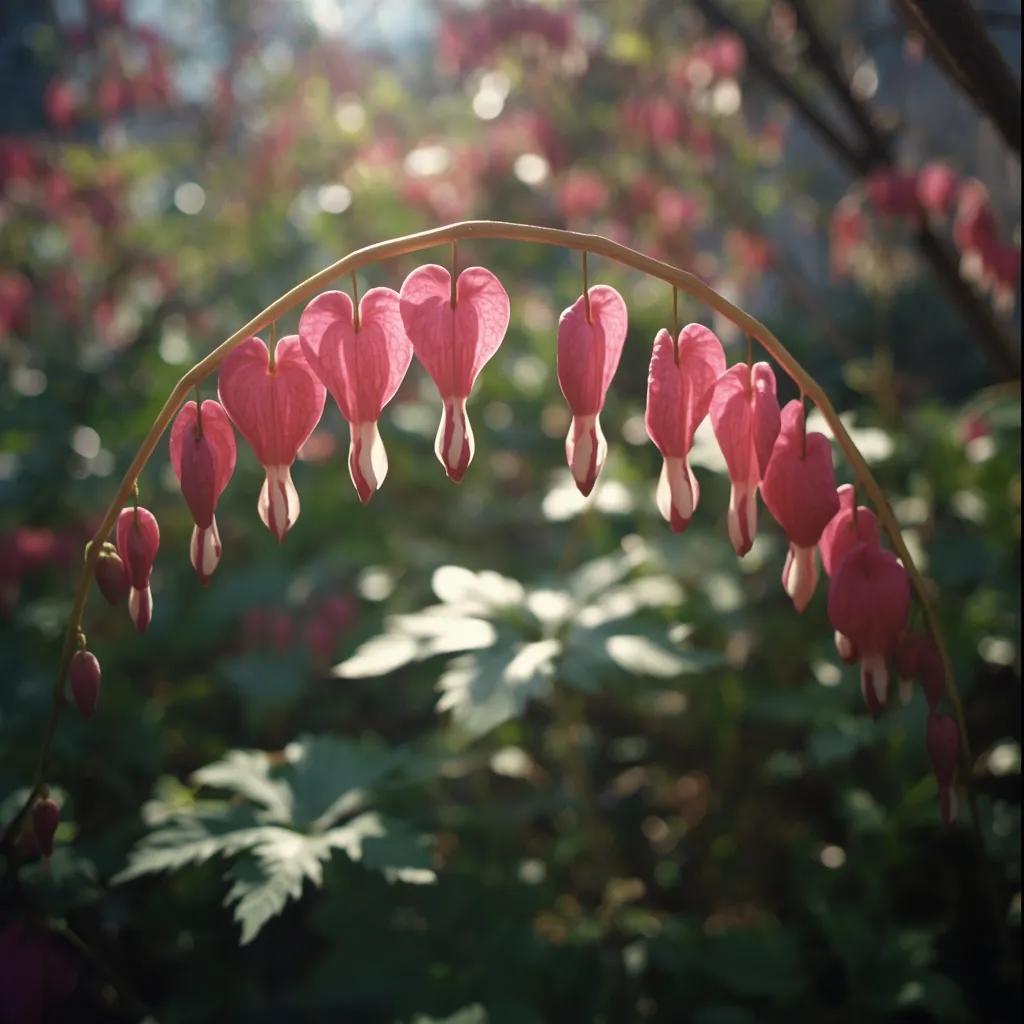 Arching stems of pink bleeding heart flowers in a dappled shade garden