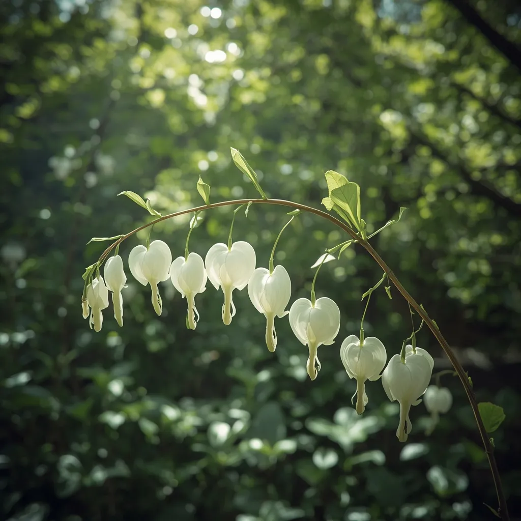 Arching stems of pure-white bleeding heart flowers in a dappled shade garden