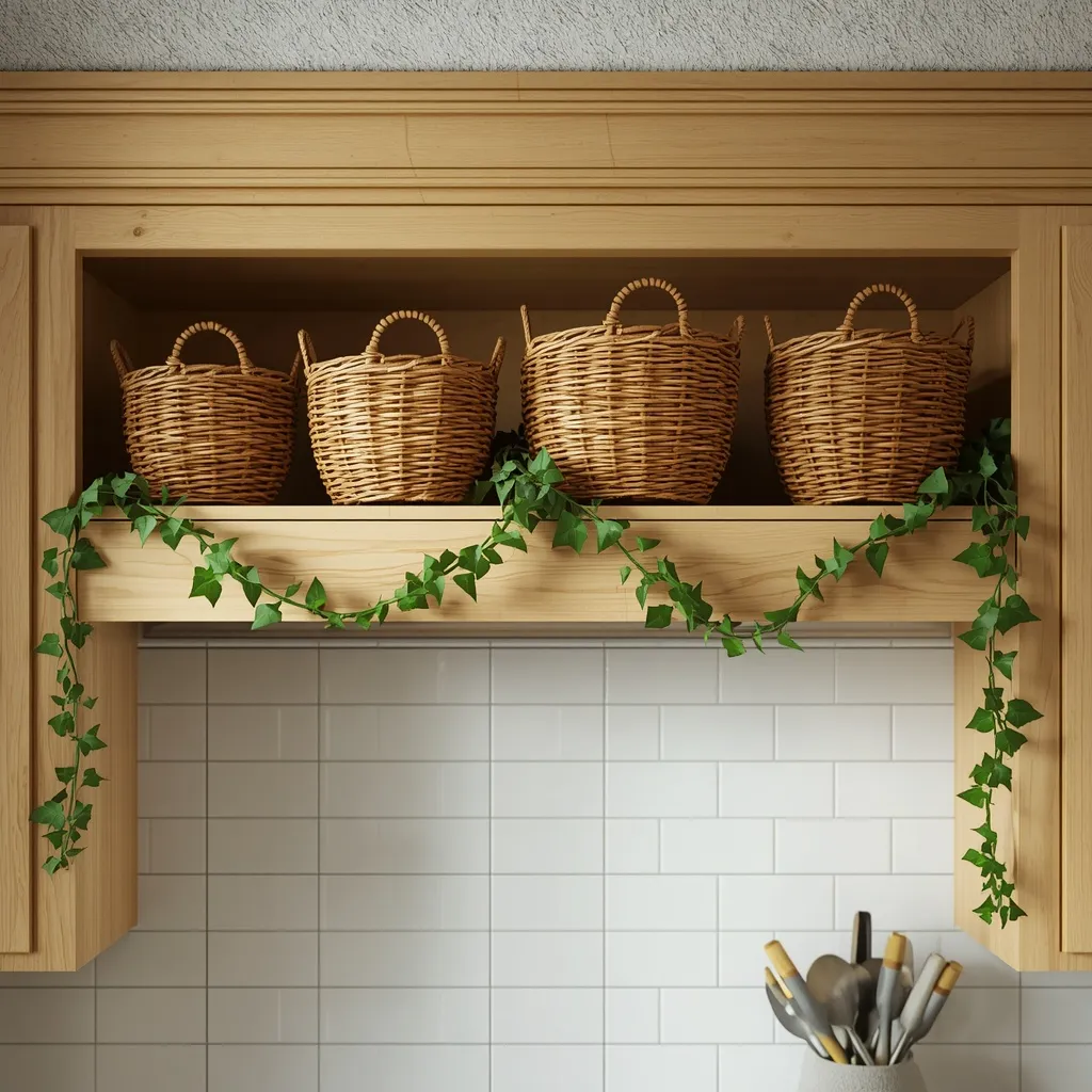 Basket greenery above cabinets