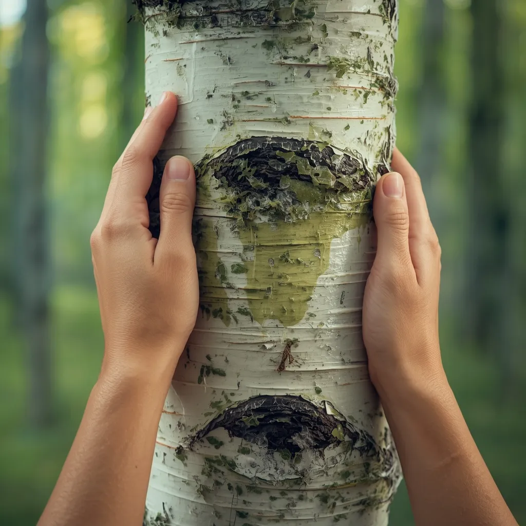 Gently washing algae off the lower bark of a white birch trunk with a soft brush