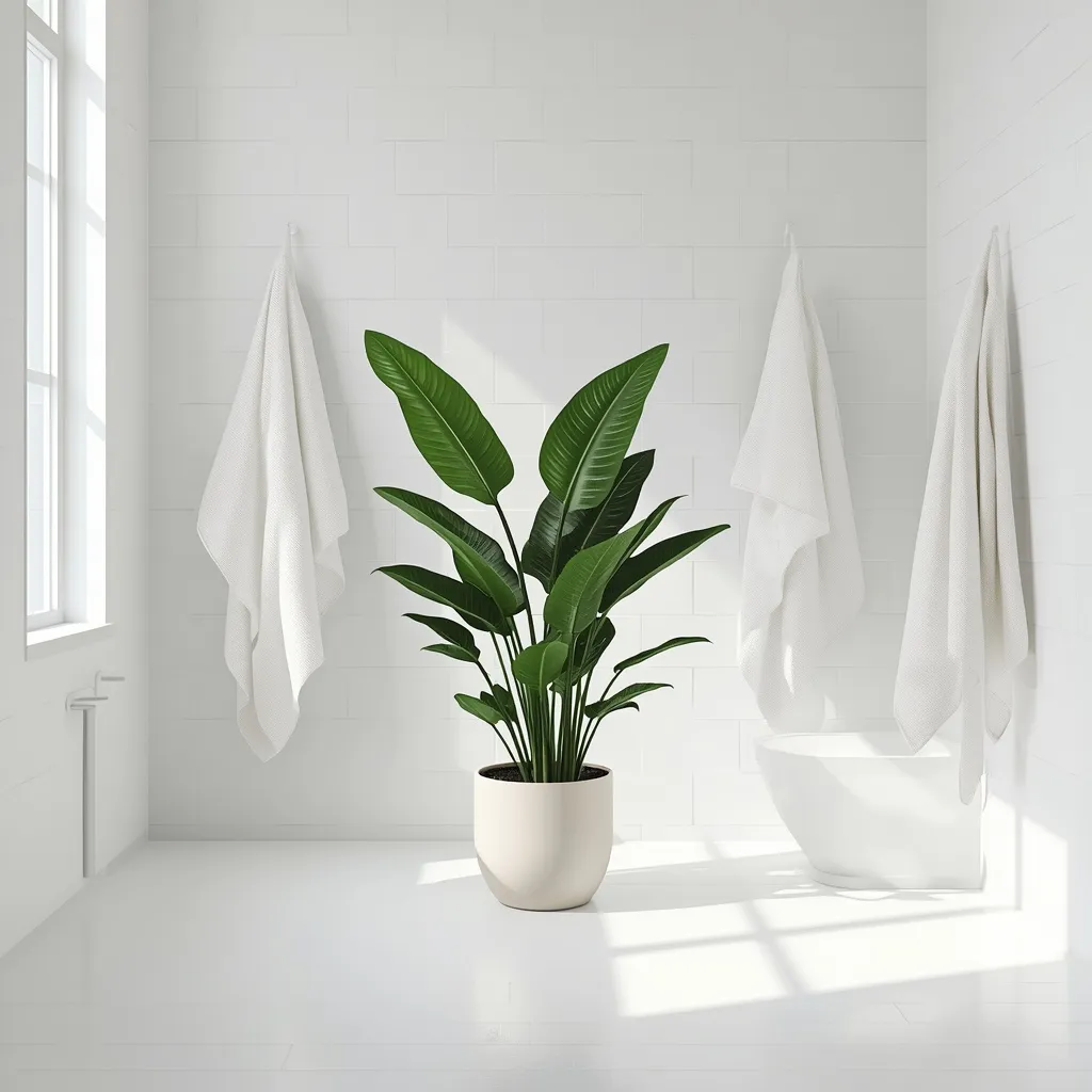 Green plant in all white bathroom
