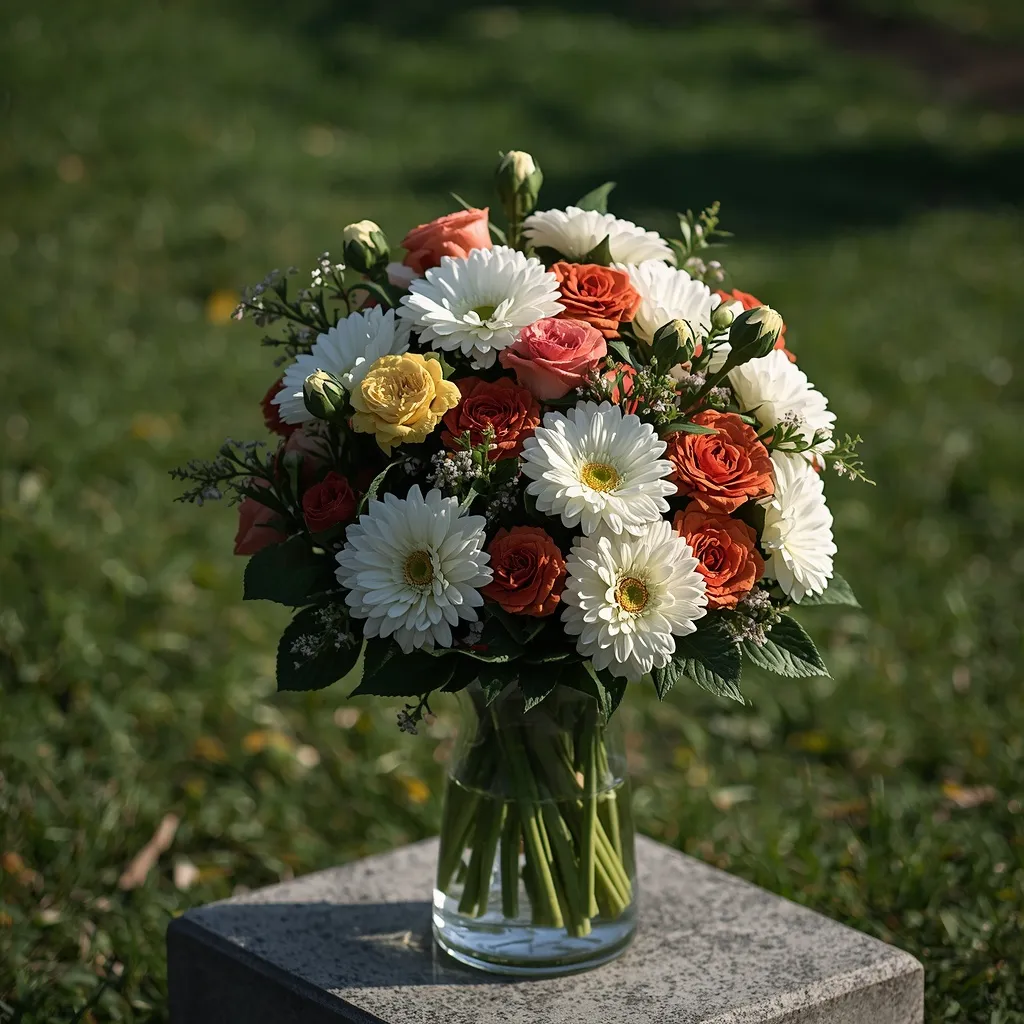 Memorial flower arrangement at grave