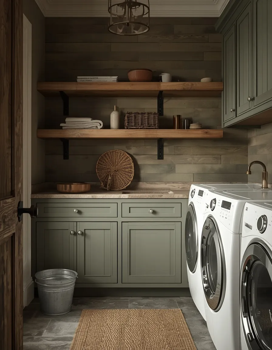 Rustic sage green and wood laundry room