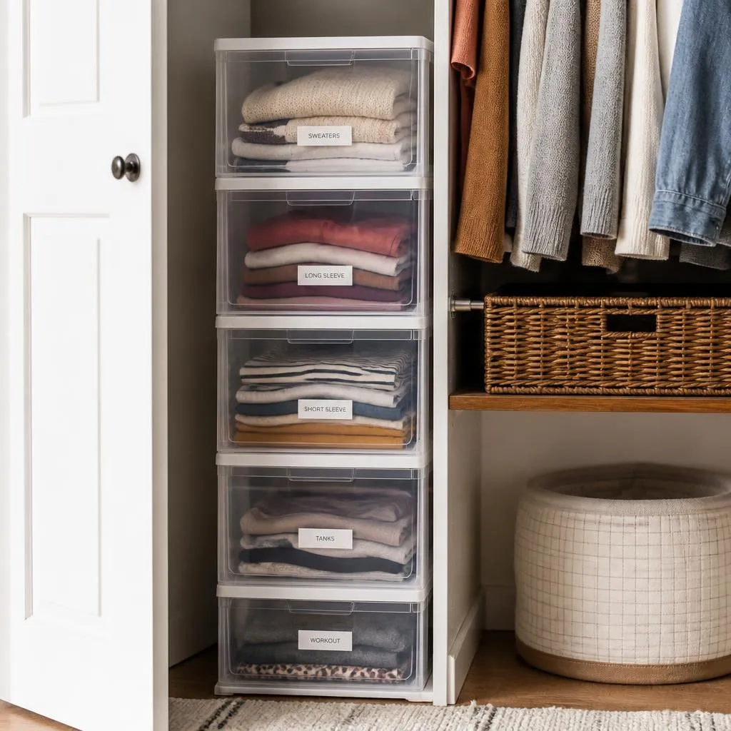 Stacked clear storage bins with front drawers organising folded clothes in a closet