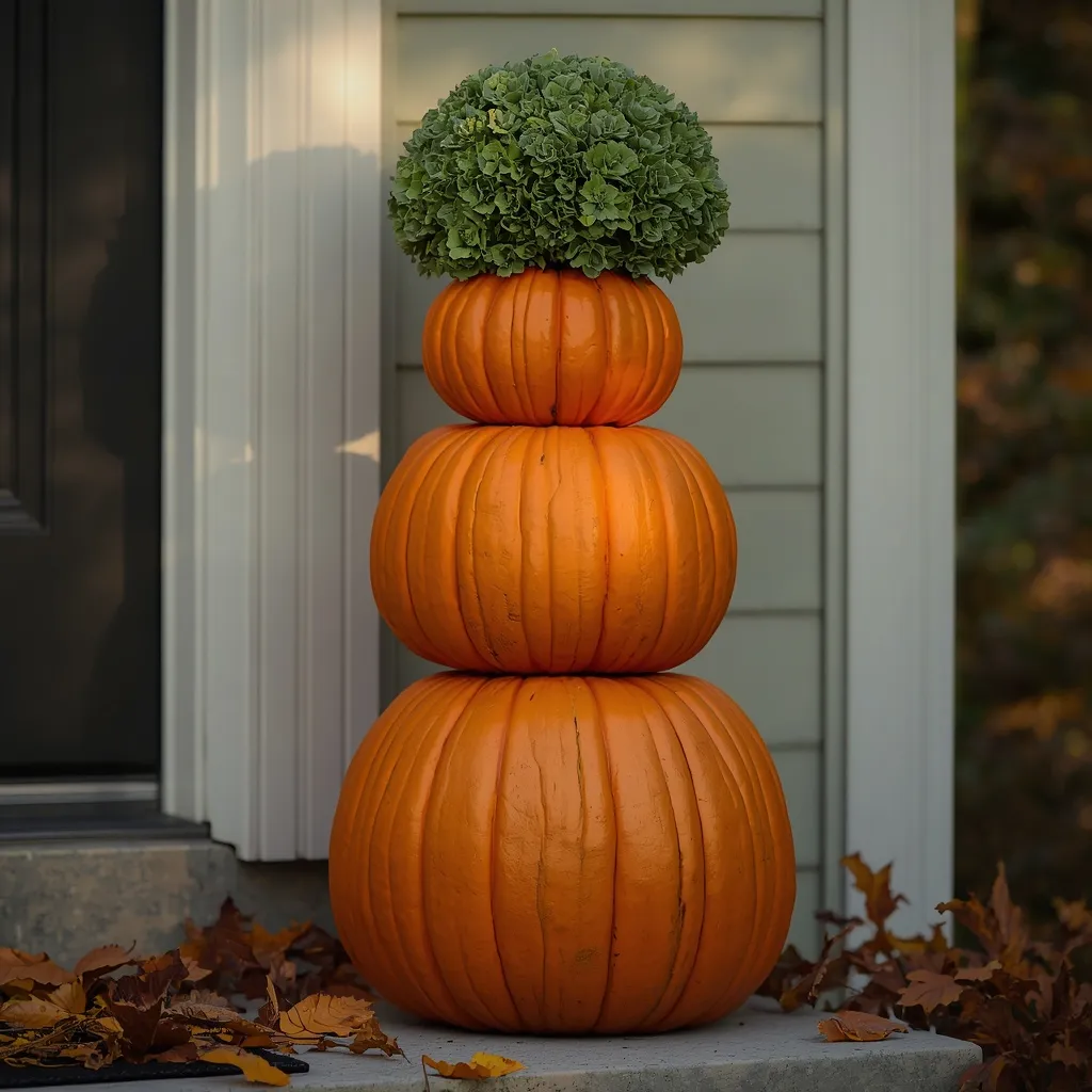Stacked pumpkin topiary by a doorway