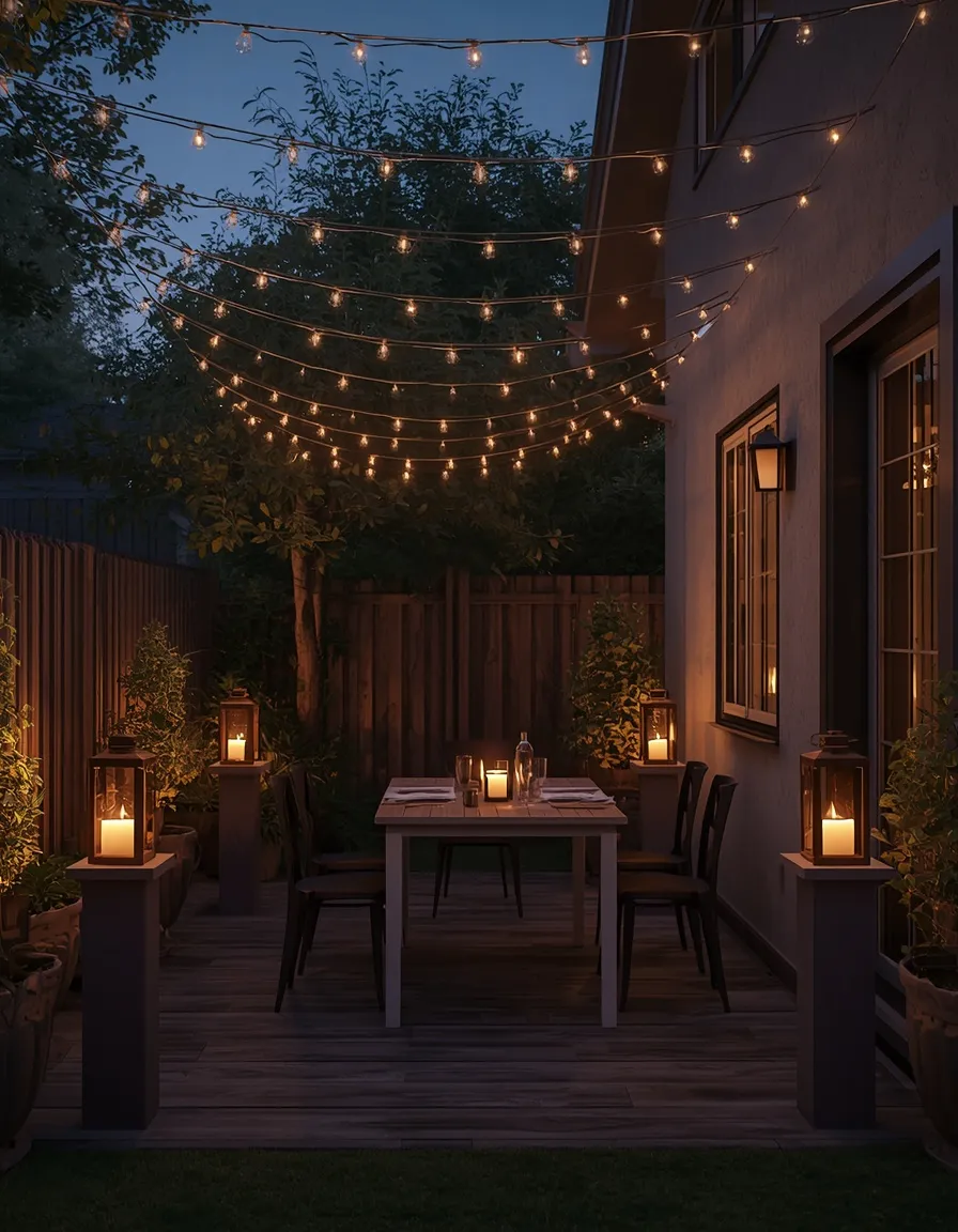String-lit small backyard dining
