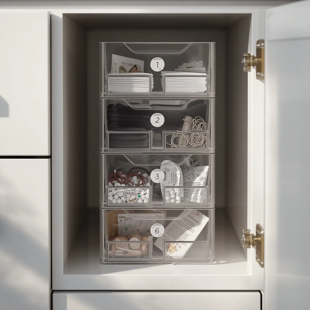 A clear mini-drawer tower sorting small items in a bathroom cabinet