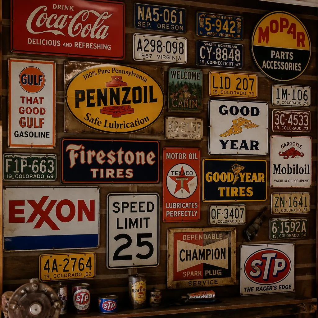 A gallery wall of vintage signs and license plates in a rustic garage