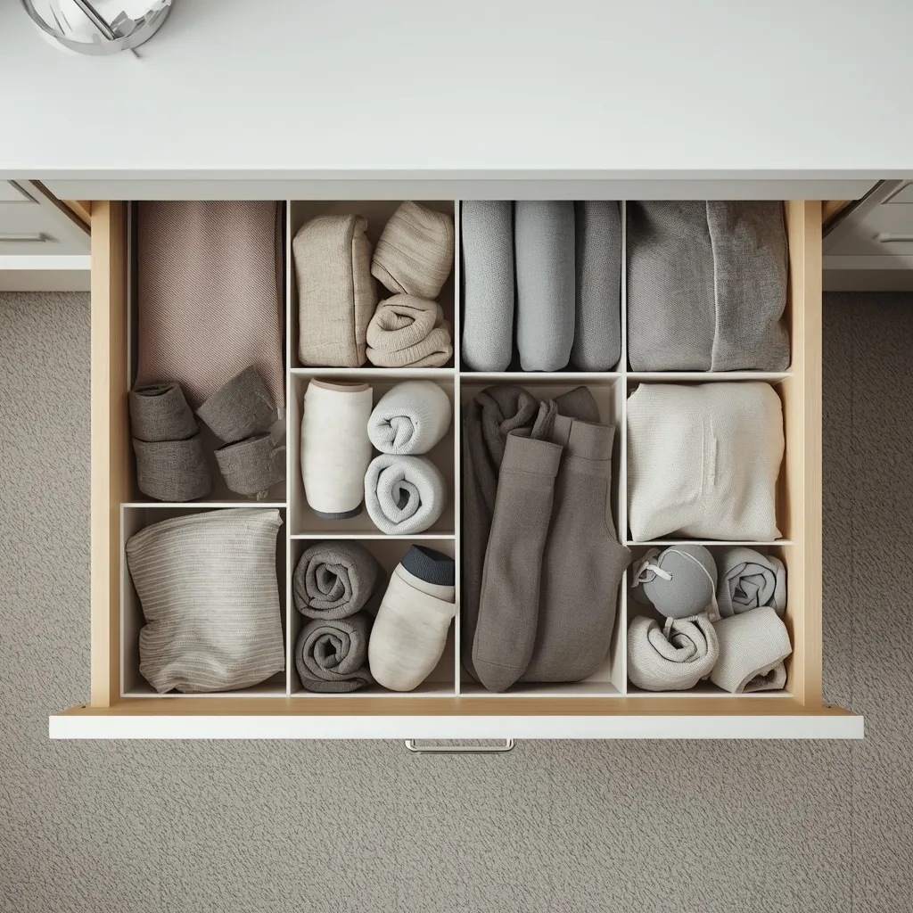An open drawer with dividers organising rolled socks and folded clothes