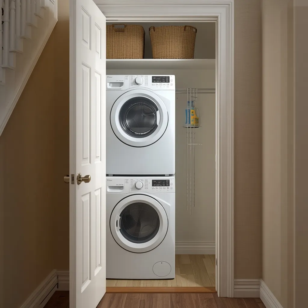 An under-stair laundry nook with a stacked washer-dryer and drying rail