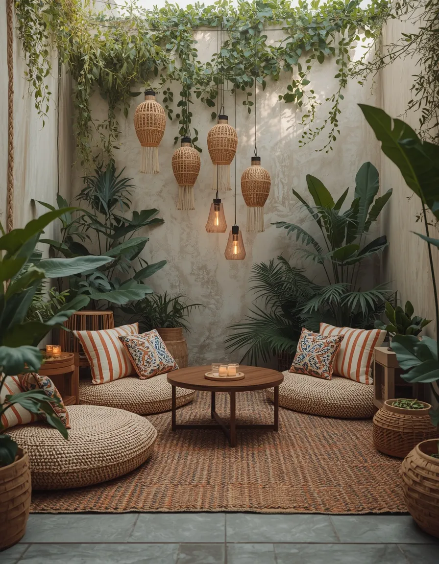 Boho small backyard lounge dining