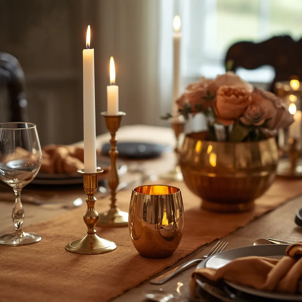 Brass and copper accents on a fall table