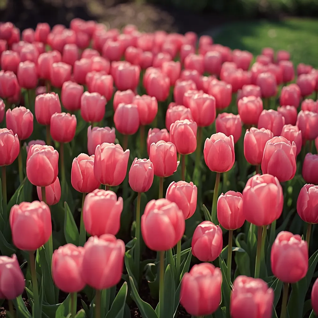 Dense drift of pink tulips blooming in an early spring garden bed
