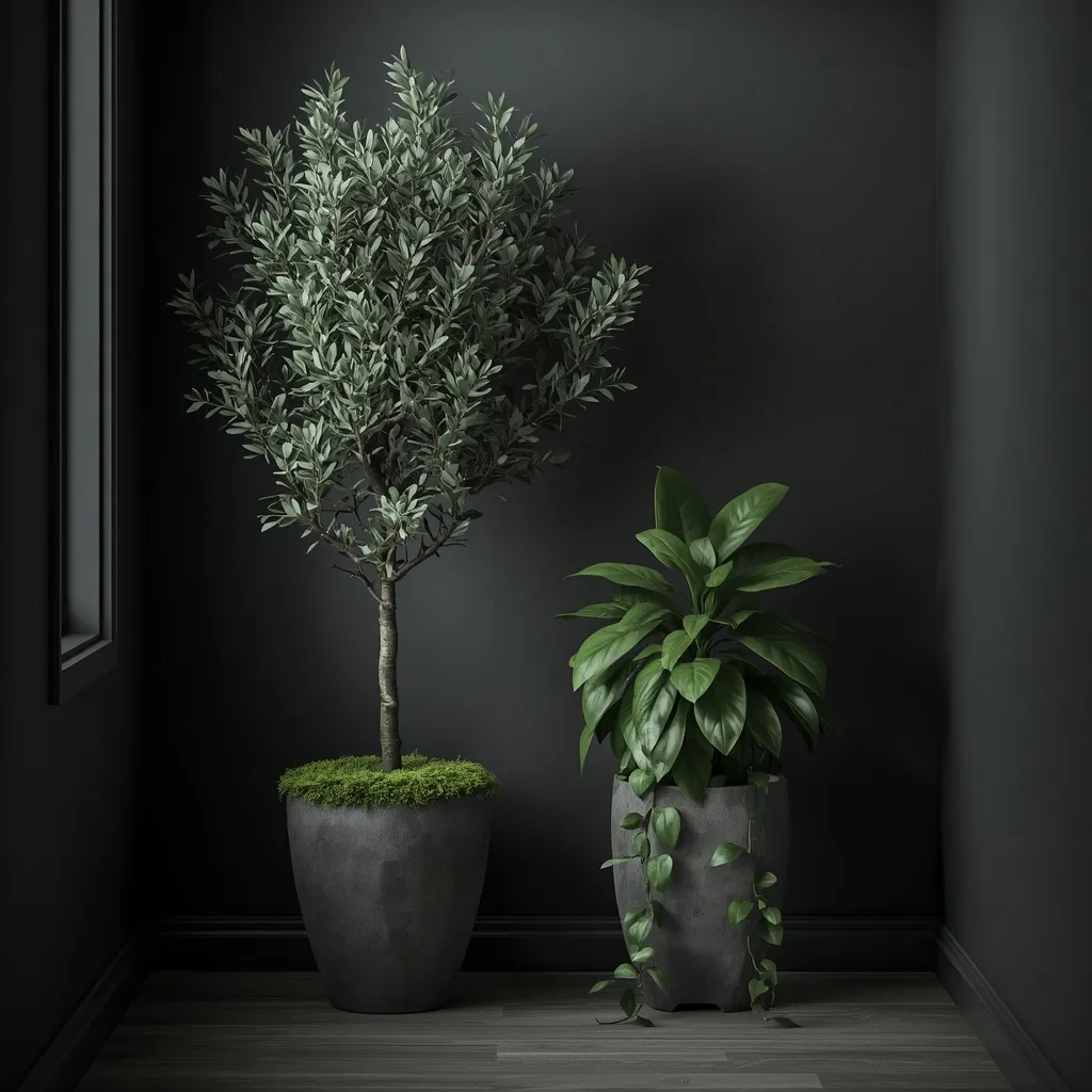 Faux plants in a low-light corner