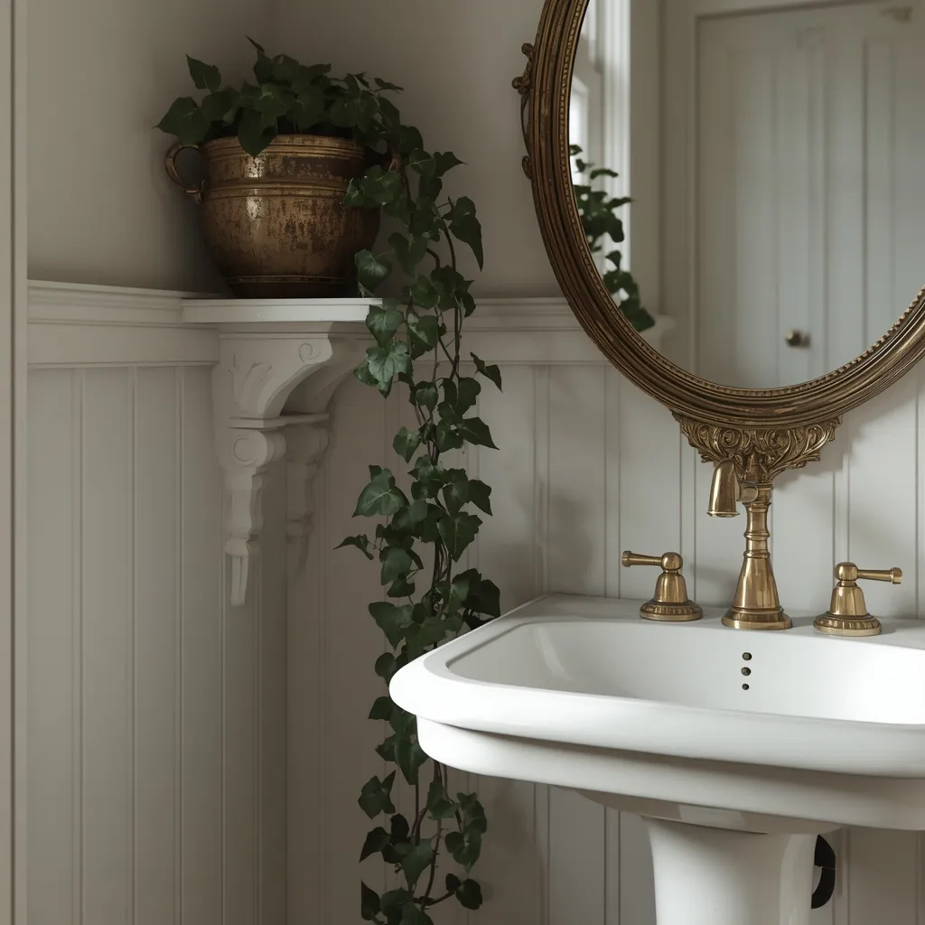 Ivy in brass planter vintage bathroom