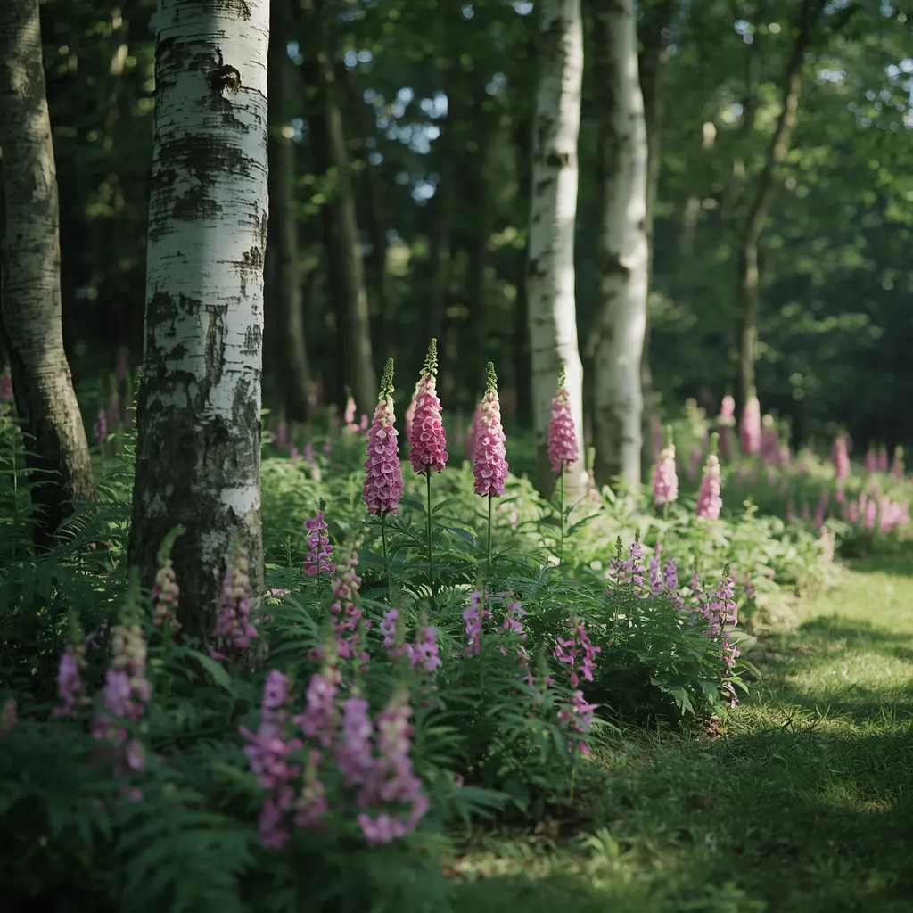 Layered woodland-edge border of foxgloves and ferns beneath pale birch trunks