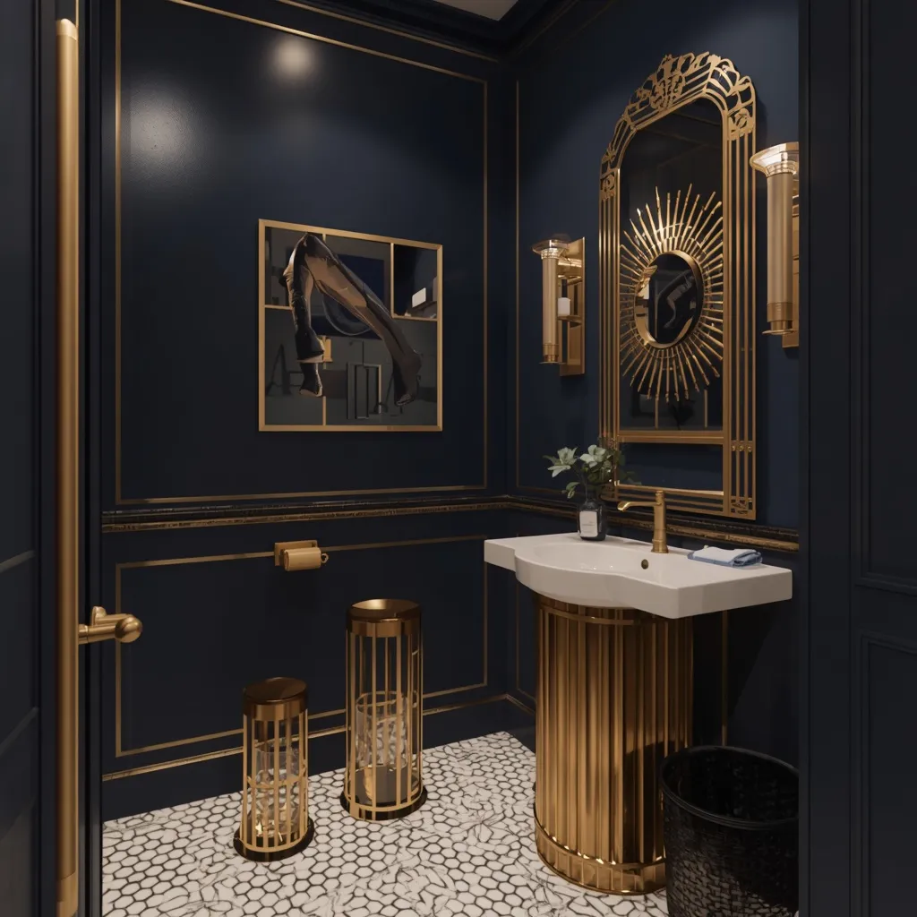 Navy and gold art deco powder room