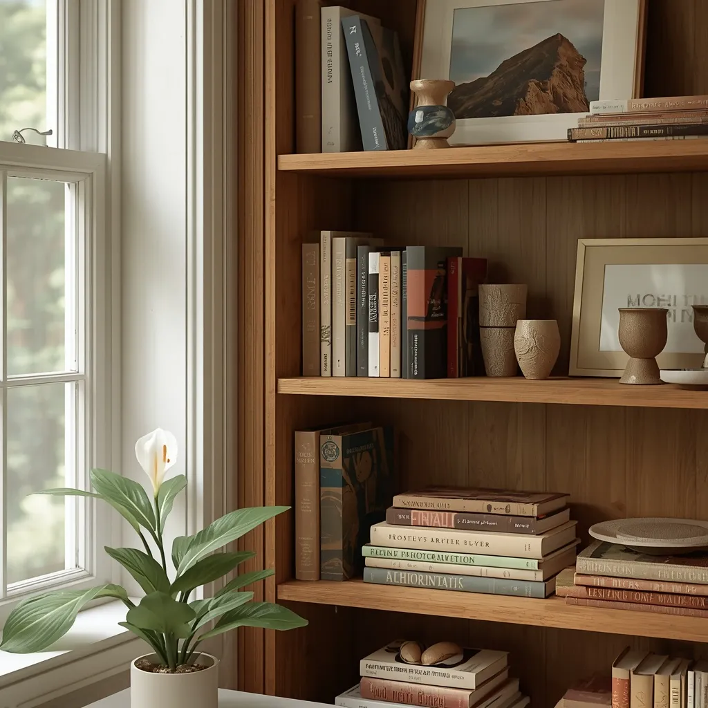 Peace lily styled on a layered shelf