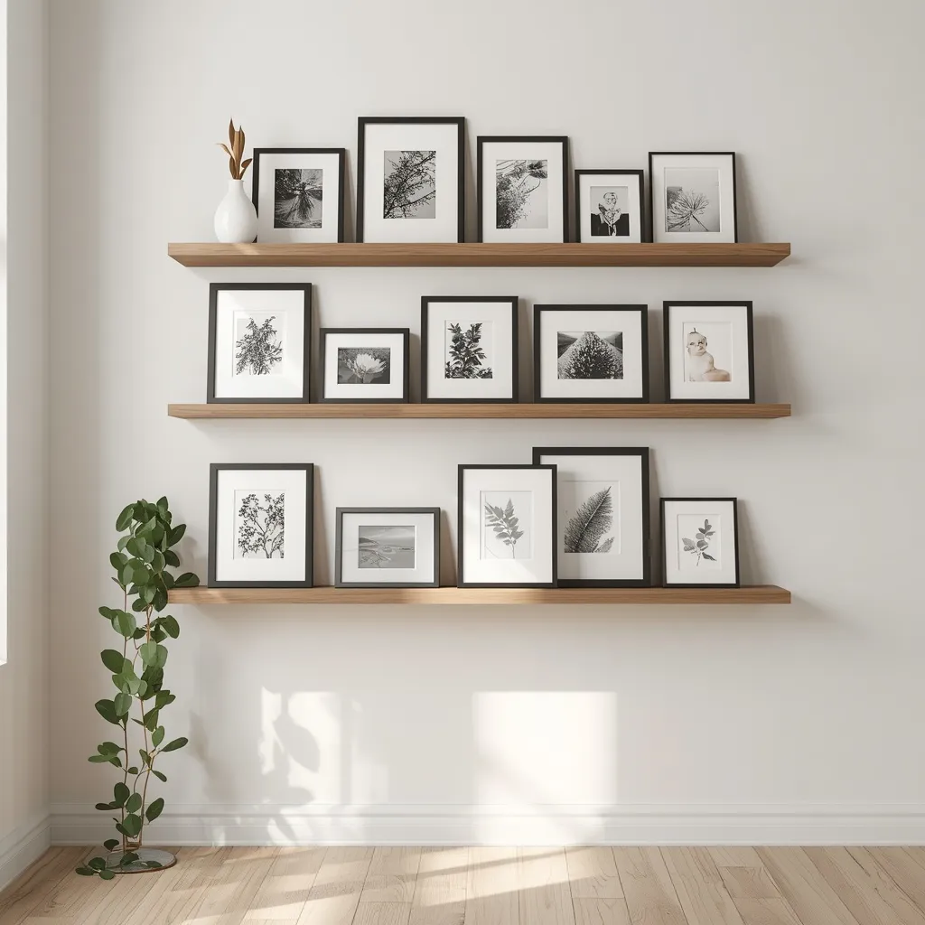Picture ledge floating shelves layered with leaning framed art and photos