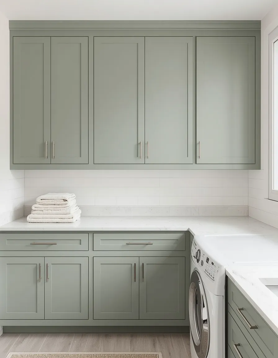 Sage green shaker cabinet laundry room
