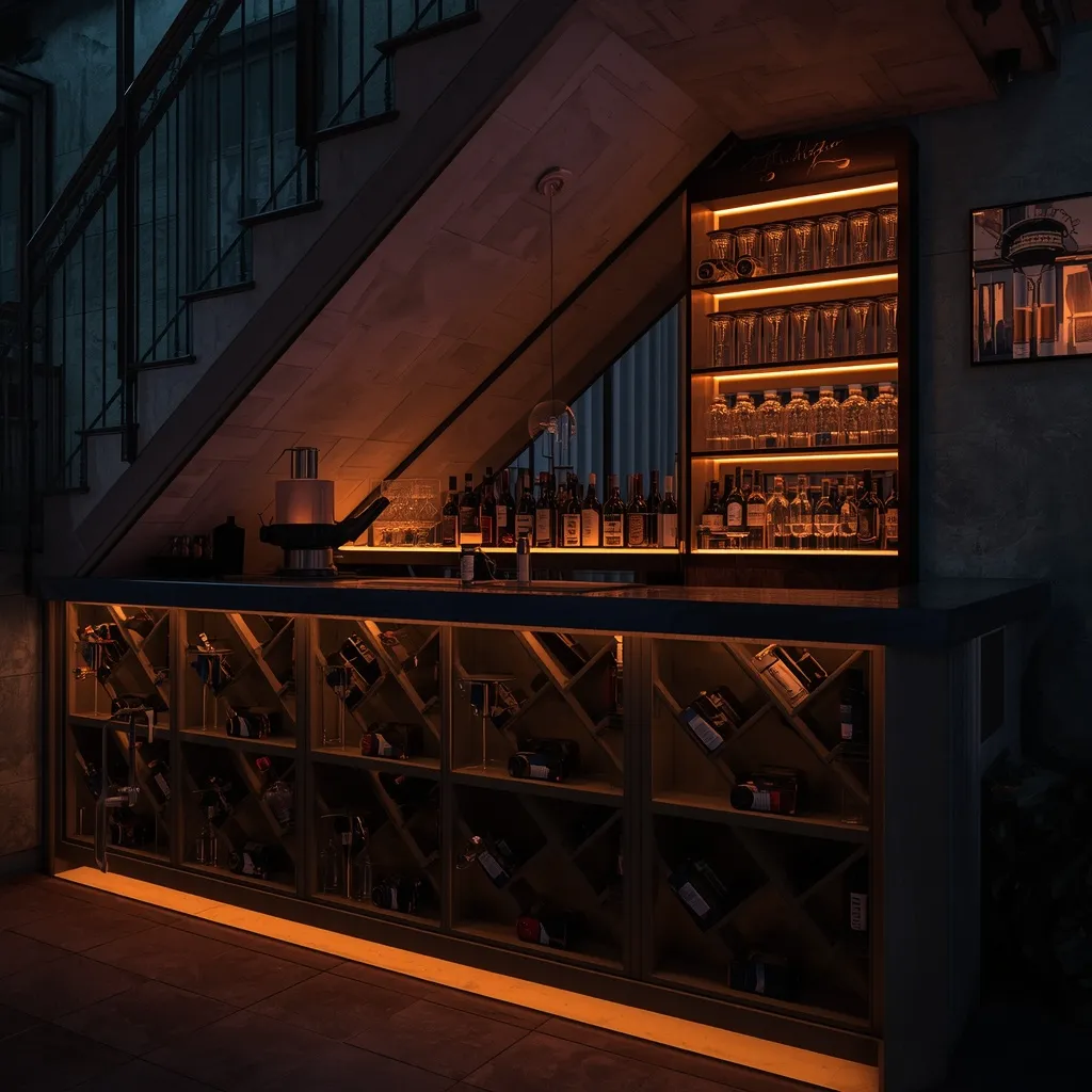 A concealed under-stair drinks bar with bottle cubbies and a mirrored back panel