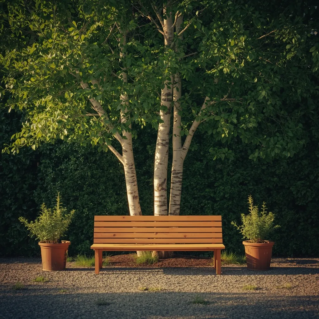 A simple timber bench beneath a birch tree in dappled garden shade
