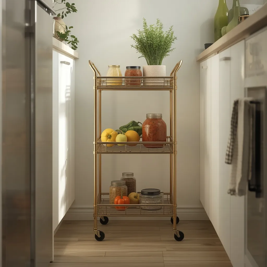 A slim three-tier rolling utility cart storing produce and jars in a kitchen gap
