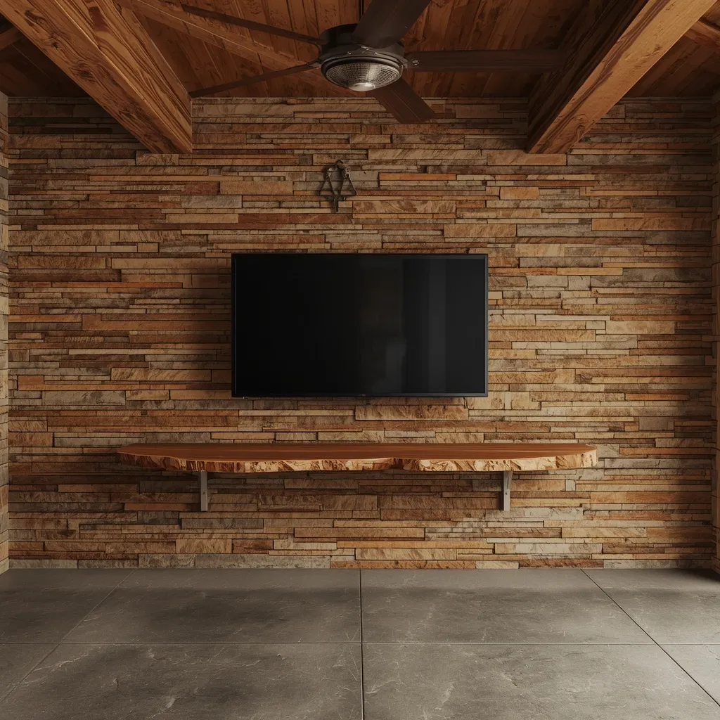 A stacked stone accent wall in a rustic garage lounge zone