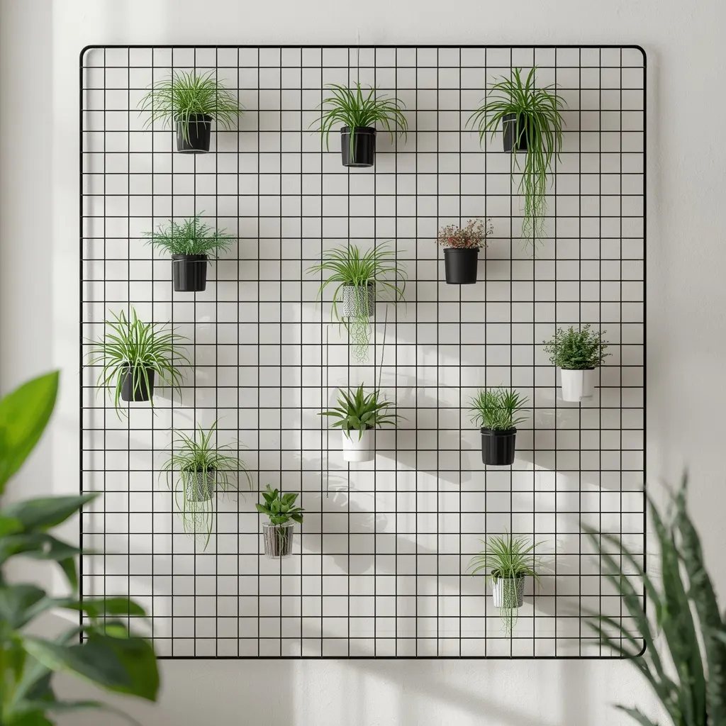 Air plants on a wall-mounted grid