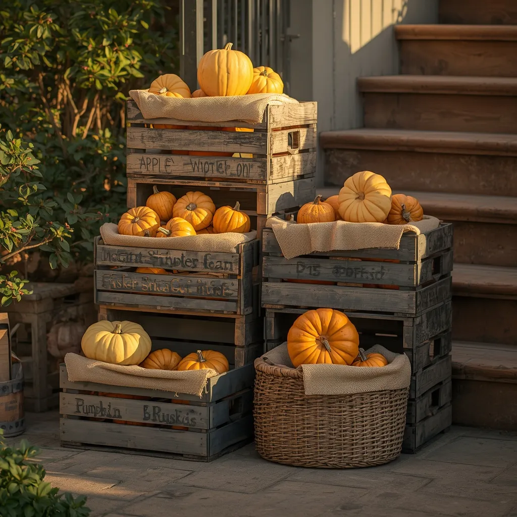 Apple crates and baskets of harvest produce