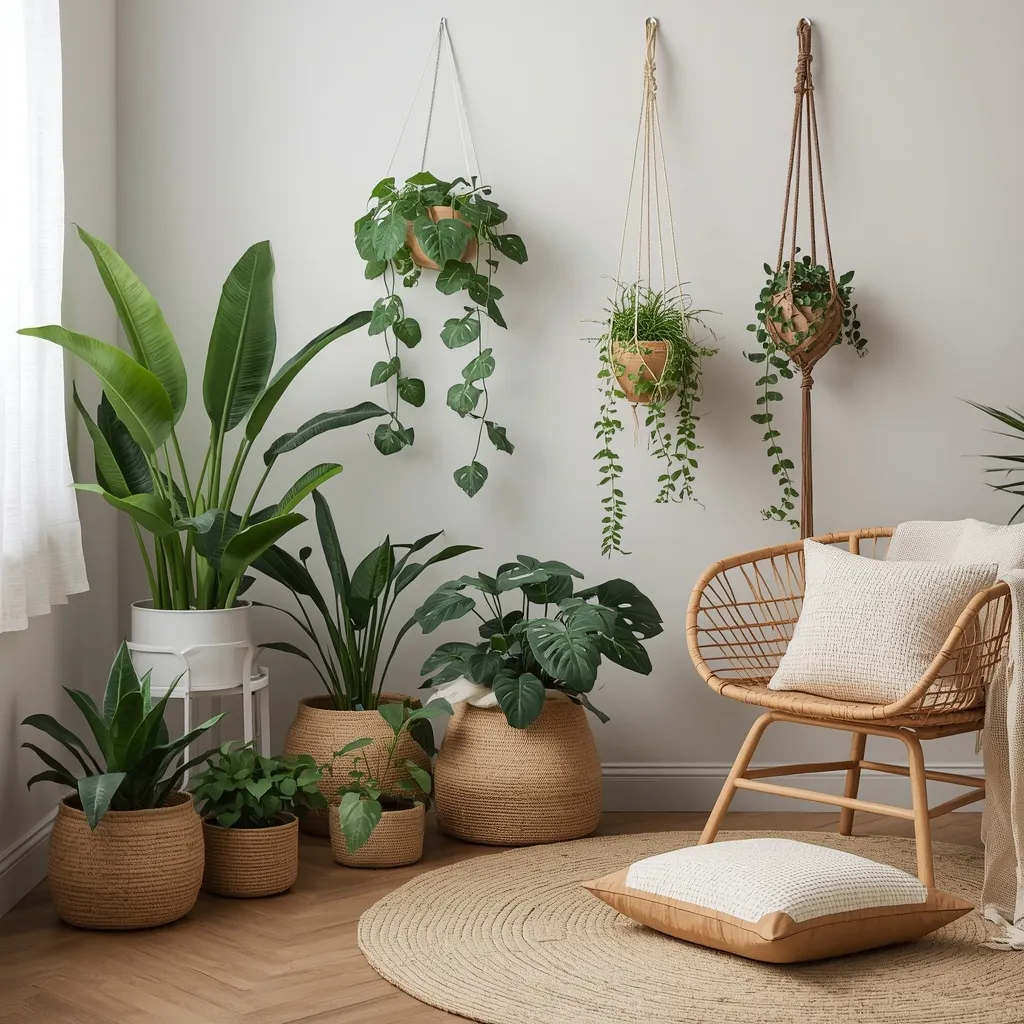 Boho plant lounge with layered greenery