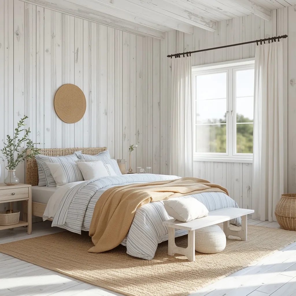 Coastal farmhouse summer bedroom