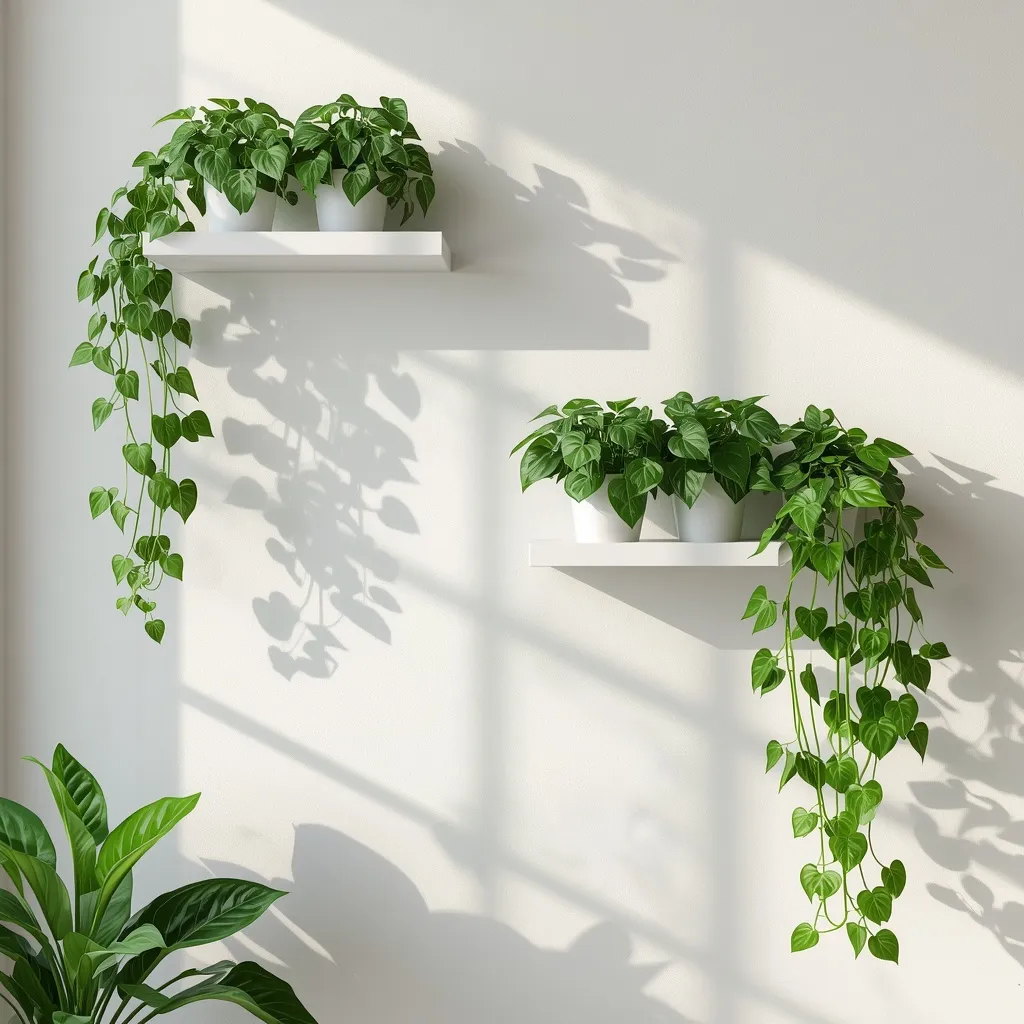Floating shelves with trailing pothos and ivy cascading down a bright wall