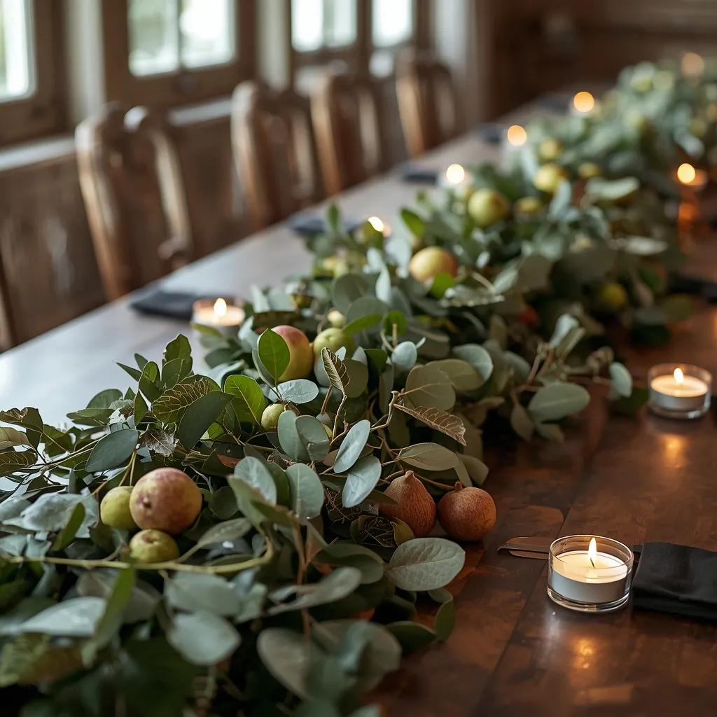 Foliage and fruit garland on a long table