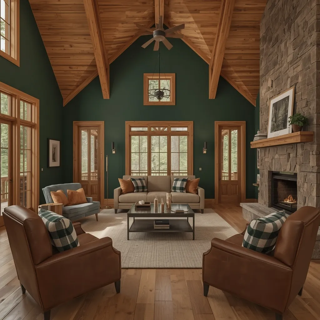 Forest green cabin living room palette