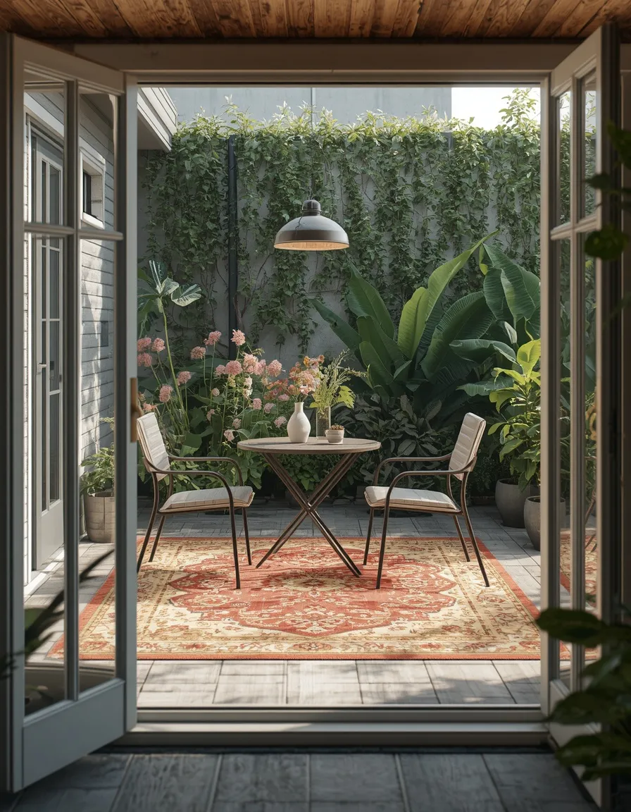 Rug-defined backyard dining zone